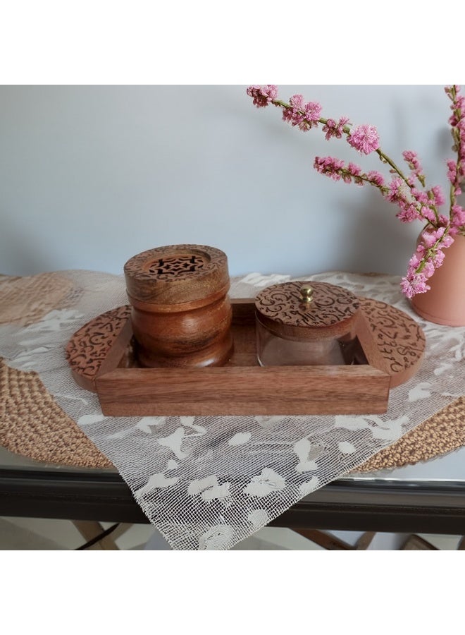 A natural wooden incense burner set, elegant and decorated with Arabic and Islamic engravings and motifs, consisting of (3 pieces), made in India  - Image 4