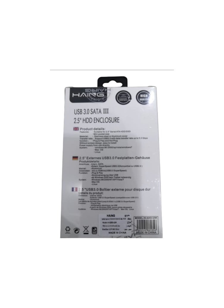 Haing - HAING  USB 3.0 SATA III 2.5" HDD ENCLOSURE 5G BPS HL-0253-U3H - Image 1