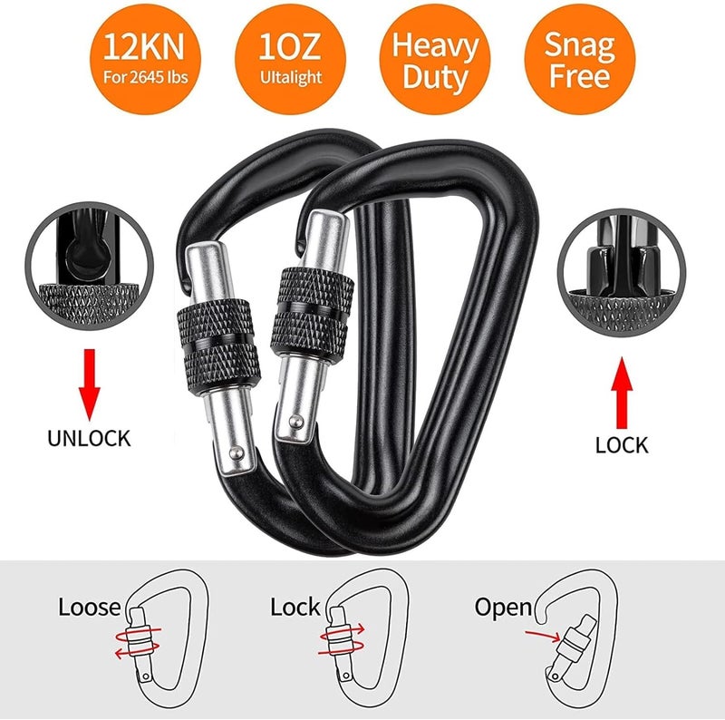 Auto-Locking Carabiner: 12kN Load Capacity 7075 Aviation Aluminum Black - Ultra Lightweight 29g Compact D-Shaped Carabiner for Camping Hammock Outdoor Travel Home Use - Image 3