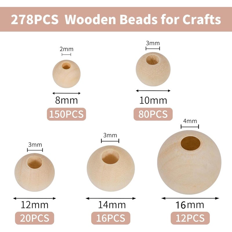 Secmity 280pcs Wooden Beads for Crafts 5 Sizes Unfinished Wood Bead Bulk 8mm, 10mm, 12mm, 14mm, 16mm Beads for Craft Making Decorations DIY Jewelry Making, Macrame, Bracelets - Image 2