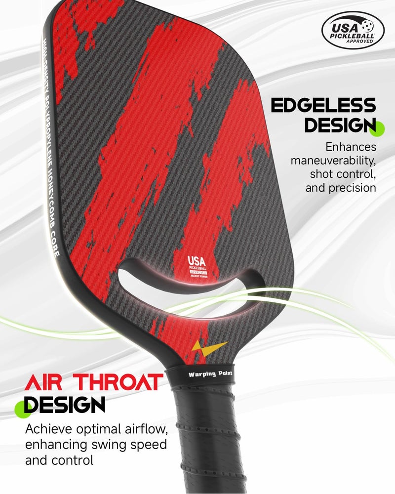 Warping Point Ascent Pickleball Paddles | Carbon Fiber Pickleball Racket with Aero Throat | Textured Grit Surface | 16mm Hexa Polymer Core | USAPA Approved | Designed for Power & Spin | Red - Image 3