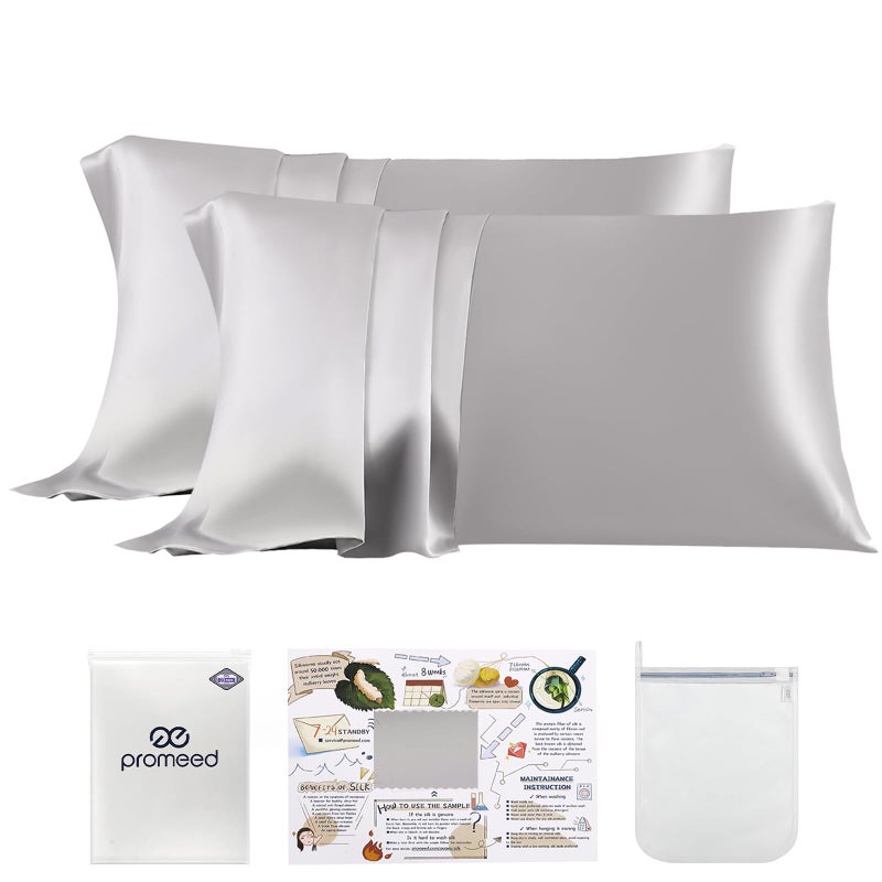 PROMEED PROMEED 100 Mulberry Silk Pillowcase 2 Pack Upgraded 3rd Generation Silk Pillow Case Set of 2 for Hair and Skin Anti Acne Anti Wrinkle Standard 20x26 Light Grey