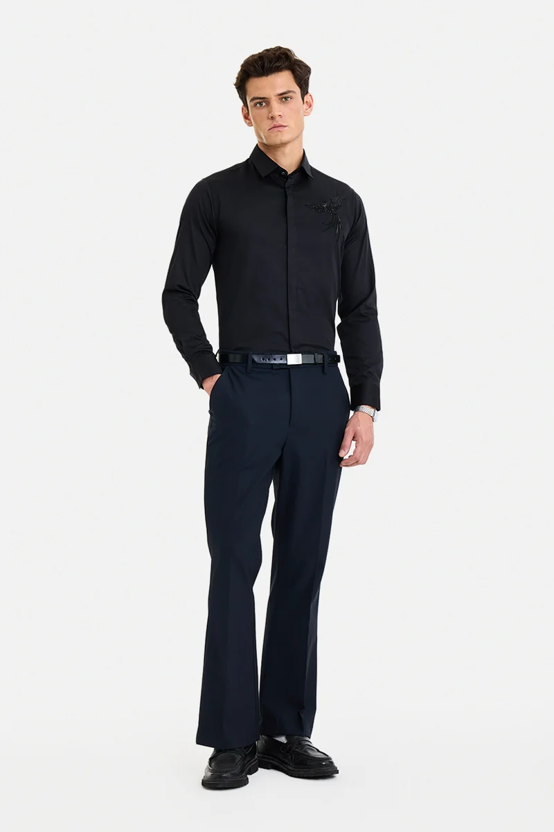 SNITCH Black Embellished Long Sleeve Slim Fit Formal Luxe Shirt