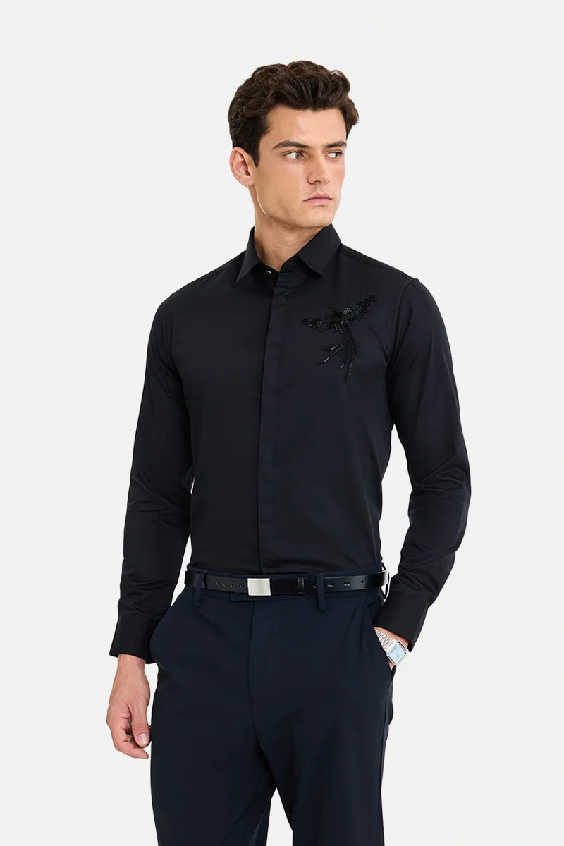 SNITCH Black Embellished Long Sleeve Slim Fit Formal Luxe Shirt