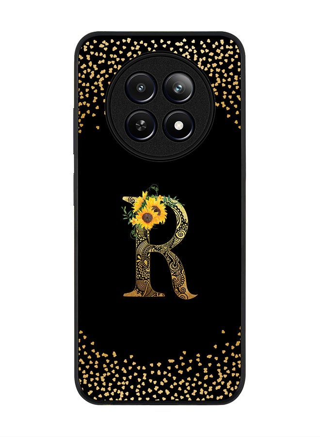 Stylizedd حافظة حواف سوداء متينة لهاتف Realme 12 / Realme 12x، غلاف مرن نحيف - حرف مونوغرام مخصص بنمط زهور - R (أسود) - Image 1