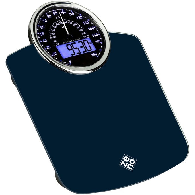 HYBRID 2-IN-1 ANALOG & DIGITAL WEIGHING SCALE FOR BODY WEIGHT UP TO 180KG - THICK TEMPERED GLASS - EXTRA LARGE DISPLAY - EASY TO READ DIGITAL BATHROOM SCALE - NEW VERSION - DARK BLUE