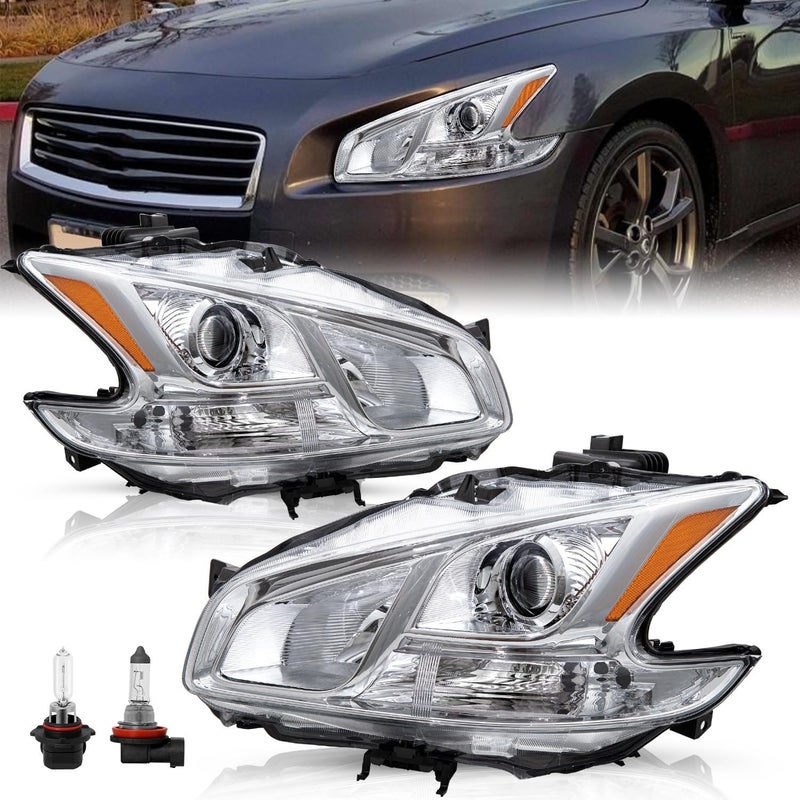 TUSDAR Halogen Headlight Assembly for 2009-2014 Nissan Maxima - Chrome Housing with Amber Reflector - Image 1