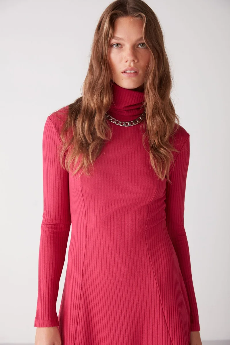 جريميلانج Marina Women's Ribbed Flexible Flowy Fabric Skater Waist Opening Piece Turtleneck Midi Fuchsia Dress