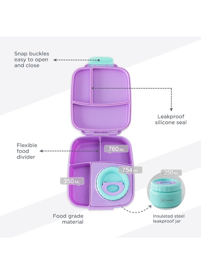 Hydrobrew Personalized Mega Flex Bento Lunch Box 1864ml,  Leakproof Lunch Container with Integrated 250ml Insulated Food Jar- Orchid Mist - Image 4