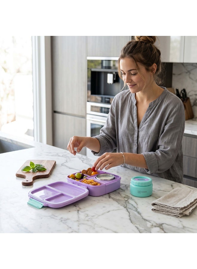 Hydrobrew Personalized Mega Flex Bento Lunch Box 1864ml,  Leakproof Lunch Container with Integrated 250ml Insulated Food Jar- Orchid Mist - Image 3