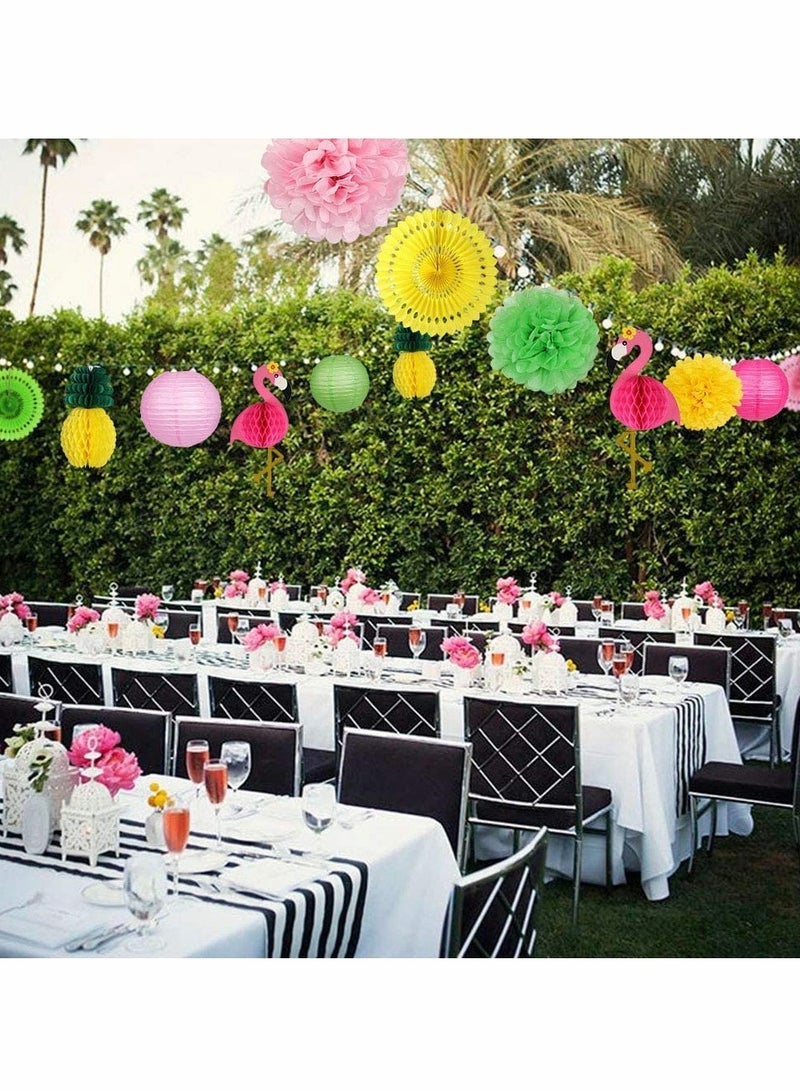 Loquat Flamingo and Pineapple Party Decorations, Honeycomb Ball Paper Lanterns, Paper Fans, and Pom Poms for Tropical Birthday Luau and Bachelorette Celebrations - Image 5