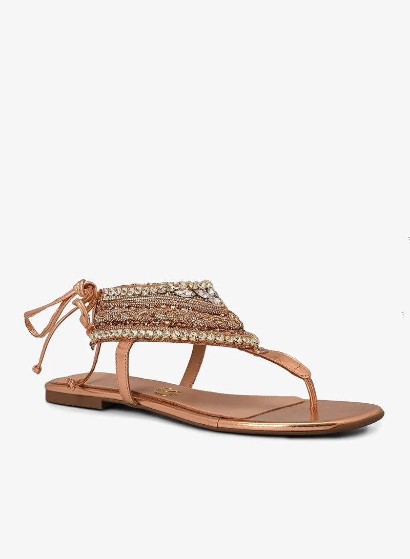 Carmen Steffens Flat Sandal Rose Gold with Handcrafted Beaded Embroidery