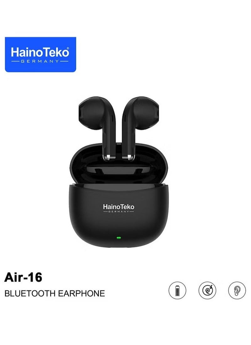 Haino Teko Air-16 True Wireless Earphones with Super Clear Mic – High Bass Sound Quality, Compatible with iPhone & iPads – Black - Image 1