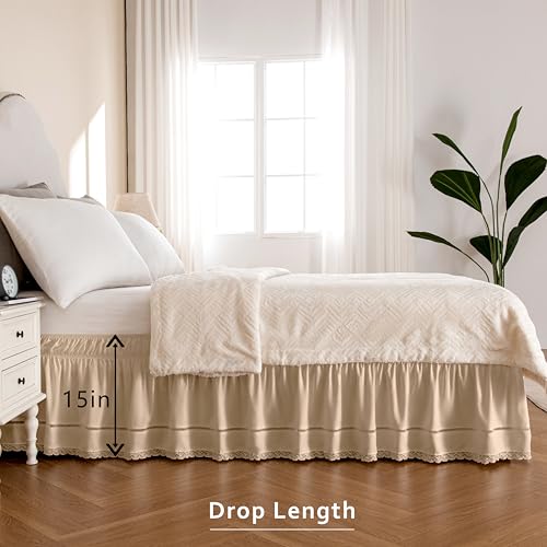 MIYE Wrap Around Ruffled Lace Bed Skirt, Elastic Dust Ruffle with Adjustable Belts, Easy to Put On, Bed Frame Cover, Machine Washable (Floral Lace/Beige, King/Queen-15 Drop) - Image 4