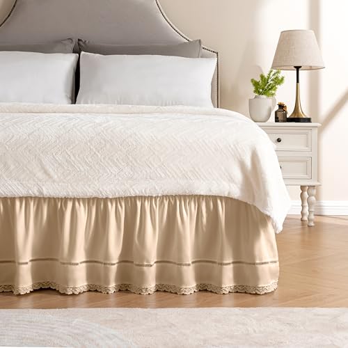 MIYE Wrap Around Ruffled Lace Bed Skirt, Elastic Dust Ruffle with Adjustable Belts, Easy to Put On, Bed Frame Cover, Machine Washable (Floral Lace/Beige, King/Queen-15 Drop) - Image 1