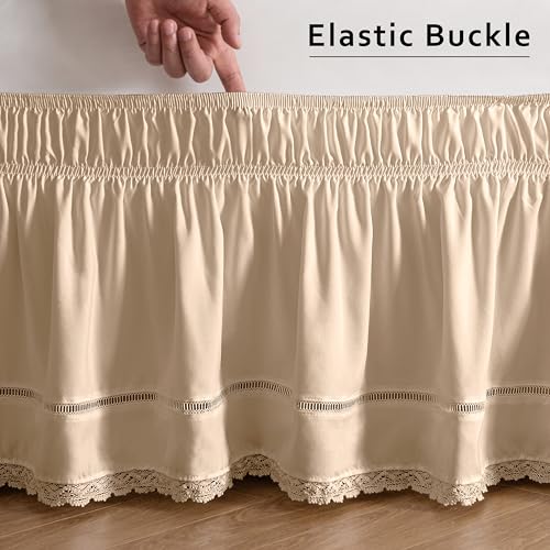 MIYE Wrap Around Ruffled Lace Bed Skirt, Elastic Dust Ruffle with Adjustable Belts, Easy to Put On, Bed Frame Cover, Machine Washable (Floral Lace/Beige, King/Queen-15 Drop) - Image 5