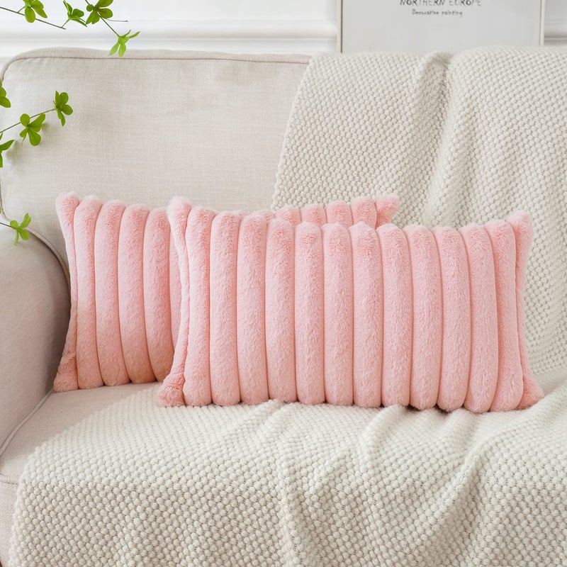Soleebee Set of 2 Throw Pillow Covers Soft Cozy Velvet Pillowcase Faux Rabbit Fur Cover for Couch Sofa Bed Chair Home Decorative Pillows Cover (16x16 Inch  Pink) - Image 1
