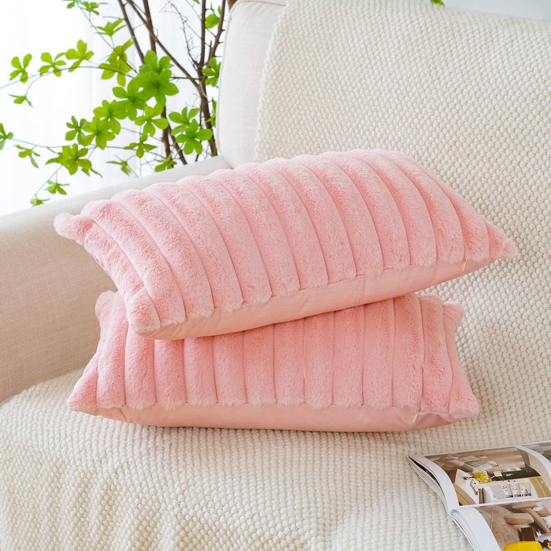 Soleebee Set of 2 Throw Pillow Covers Soft Cozy Velvet Pillowcase Faux Rabbit Fur Cover for Couch Sofa Bed Chair Home Decorative Pillows Cover (16x16 Inch  Pink) - Image 3