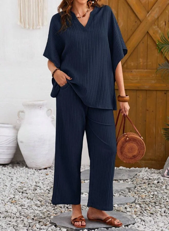 تايك تو Navy Blue Ribbed T-Shirt and Trousers Co-Ord Set