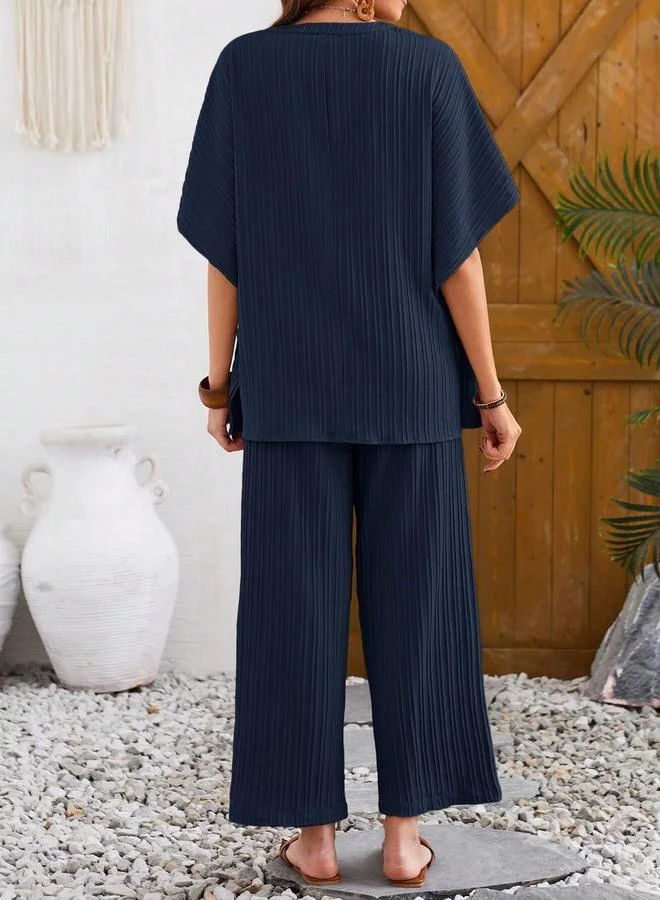 تايك تو Navy Blue Ribbed T-Shirt and Trousers Co-Ord Set