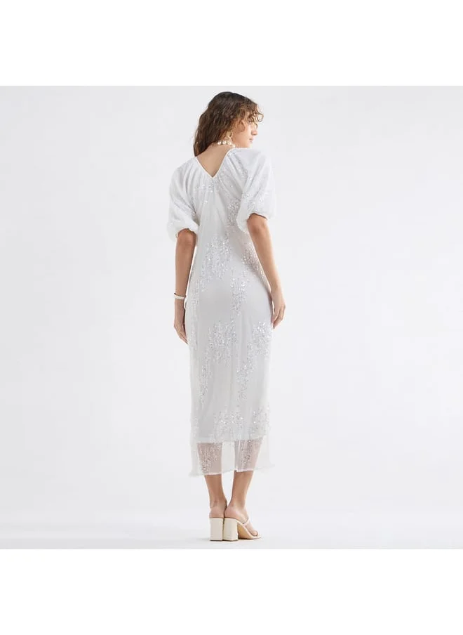 FAV Sequinned Midi Dress with Short Puff Sleeves and V-neck