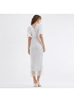 FAV Sequinned Midi Dress with Short Puff Sleeves and V-neck  - Image 3