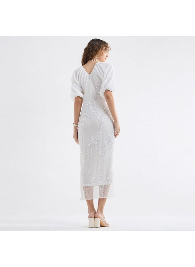 FAV - Sequinned Midi Dress with Short Puff Sleeves and V-neck - Image 1