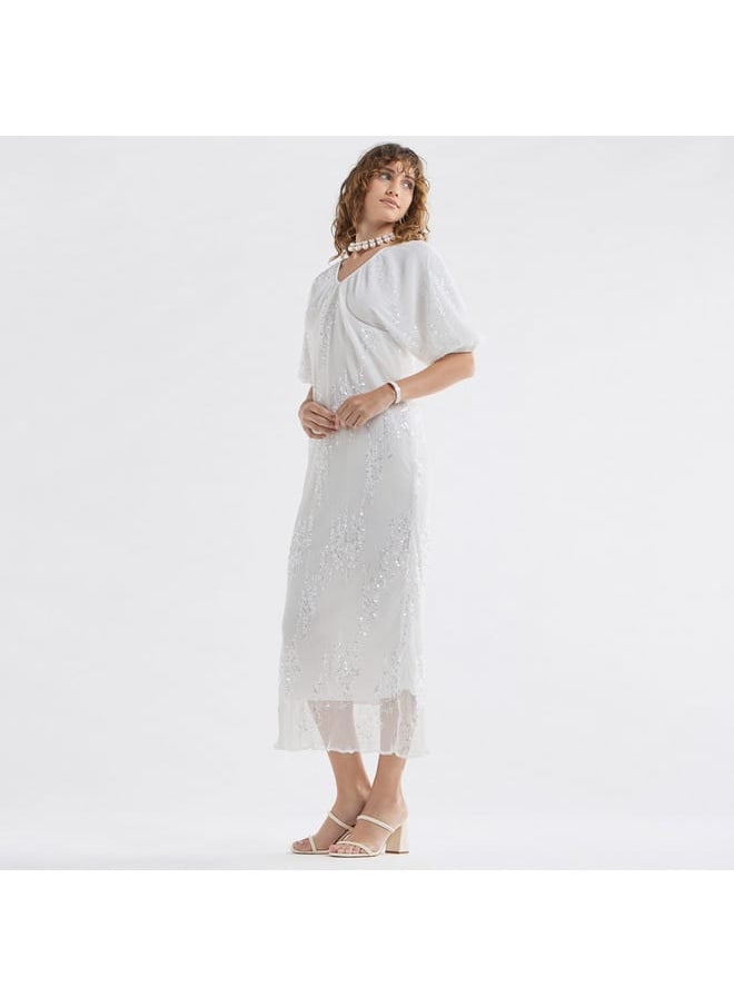 FAV - Sequinned Midi Dress with Short Puff Sleeves and V-neck - Image 1