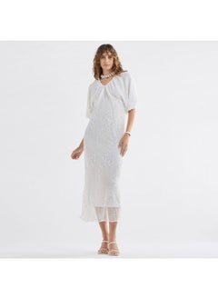 FAV Sequinned Midi Dress with Short Puff Sleeves and V-neck  - Image 2