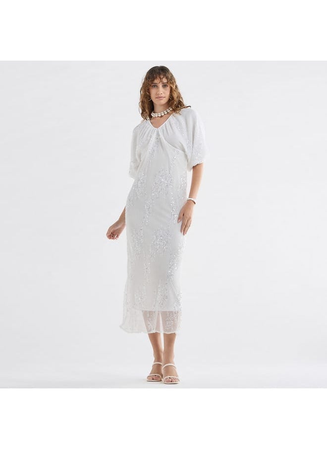 FAV - Sequinned Midi Dress with Short Puff Sleeves and V-neck - Image 1