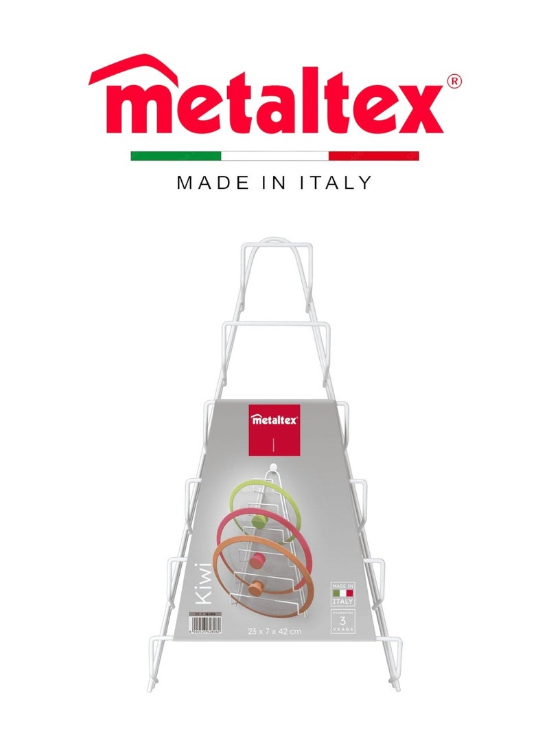 Metaltex حامل أغطية الأواني ميتالتكس كيوي – رف أغطية موفر للمساحة يصلح حتى 6 أغطية أواني، ألواح تقطيع أو أطباق – يمكن تركيبه على الحائط أو باب الخزانة – سلك بلاستيكي – صنع في إيطاليا - Image 1