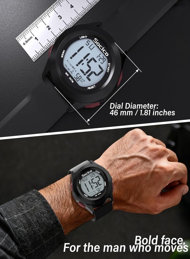 SOCICO Mens Digital Watch Sports Waterproof Outdoor Large Face Military Watches with Stopwatch Back Light Alarm Date Display, Black-red buttons, Sport - Image 2