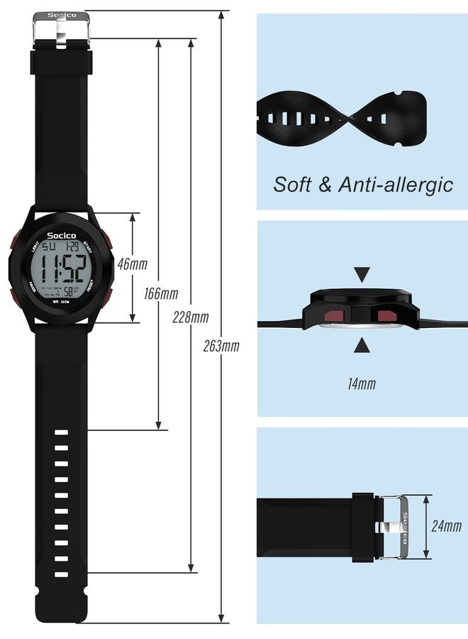 SOCICO Mens Digital Watch Sports Waterproof Outdoor Large Face Military Watches with Stopwatch Back Light Alarm Date Display, Black-red buttons, Sport - Image 3