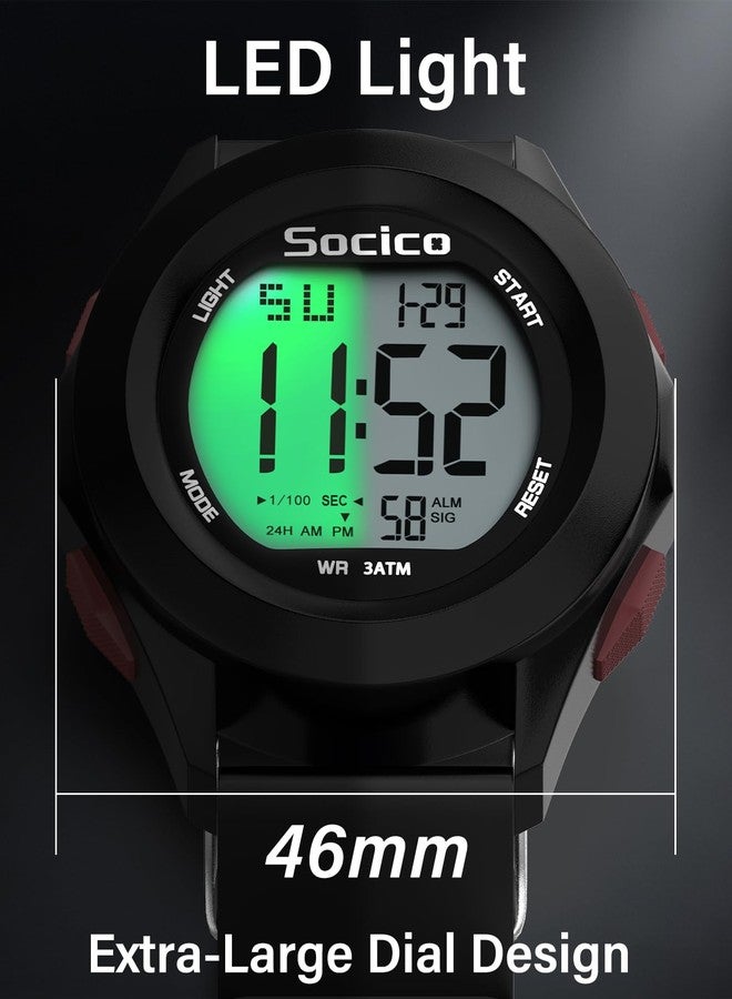 SOCICO Mens Digital Watch Sports Waterproof Outdoor Large Face Military Watches with Stopwatch Back Light Alarm Date Display, Black-red buttons, Sport - Image 4