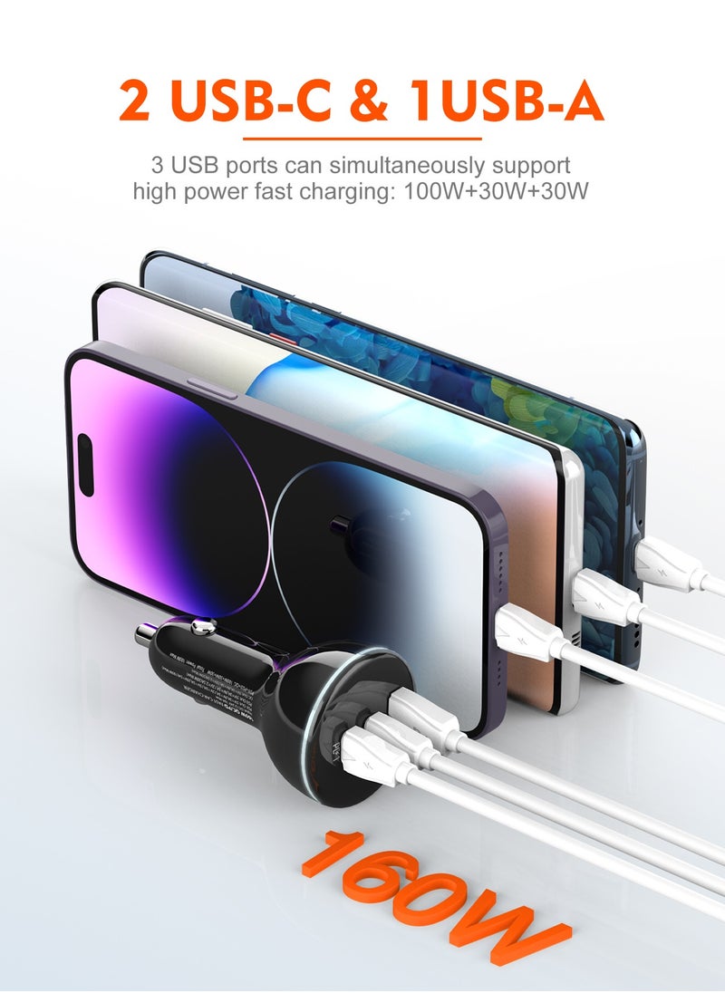 إل دينو - شاحن سيارة سريع تربو 160w من لدنيو  USB-C1  PD100W + USB-C2 PD 30W +USB-A1 30W QC3.0 نوع C شحن سريع للاب توب والجوال - Image 1