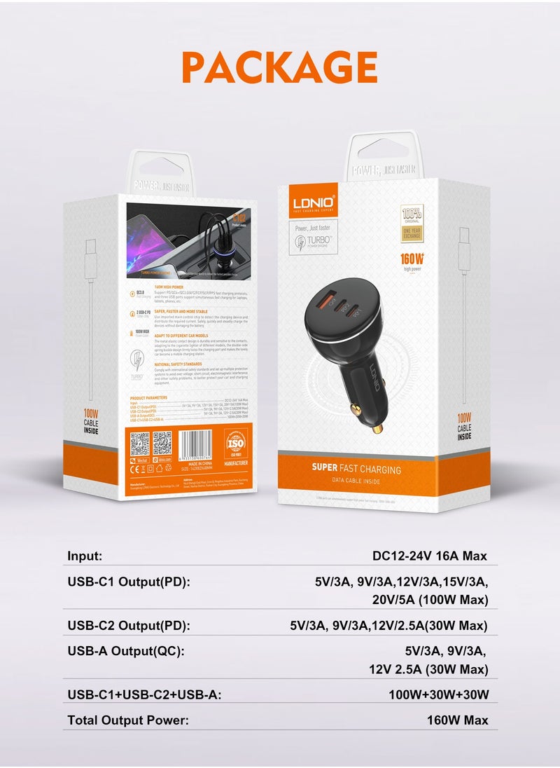 إل دينو - شاحن سيارة سريع تربو 160w من لدنيو  USB-C1  PD100W + USB-C2 PD 30W +USB-A1 30W QC3.0 نوع C شحن سريع للاب توب والجوال - Image 1