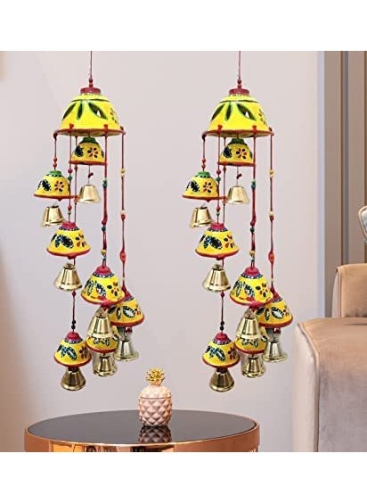 ADITYA IMPEX ADITYA IMPEX Handicraft rajasthane Wooden Colored Bells Desing Decorative showpice Wind Chimes for Home Balcony Garden Positive Energy Home Decor Hanging Long Bells 7 BellsSet of 2 Piece Yellow  - Image 3