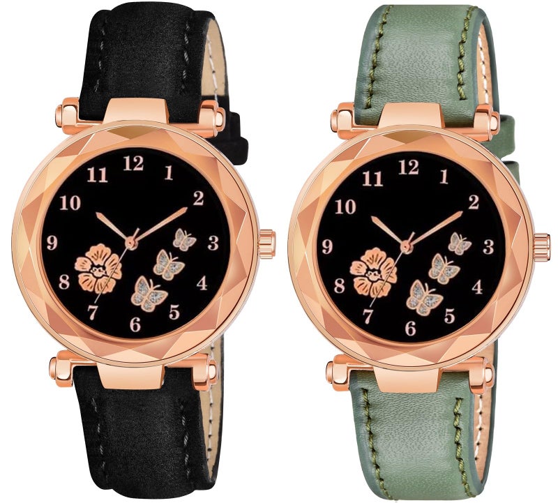 CERO Analogue New Flower Butterfly Print Dial Lathers Strap Girls and Womans Watches (Black-Green) - Image 1