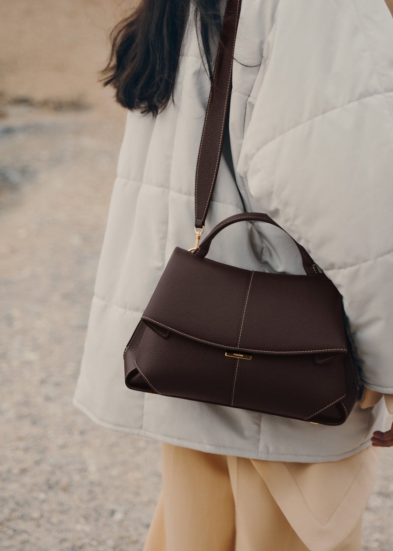 Polen Smile Bag Genuine Leather French Niche Mokki Fashion Retro Shoulder Crossbody Underarm Bag Casual Simple Women Ebony color lychee pattern 