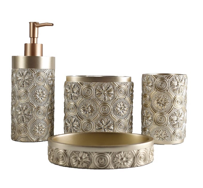 BATHROOM ACCESSORIES SETGOLDEN DESIGN TOOTHBRUSH HOLDERFARMHOUSE BATHROOM DECOR4 PCS RESIN GIFT SET APARTMENT NECESSITIES CONTAIN TOOTHBRUSH CUPSOAP DISPENSERSOAP DISHTUMBLER