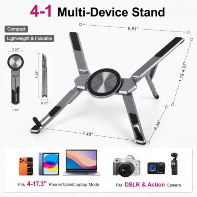 4-in-1 Adjustable Laptop Stand for desk with Magnetic Phone Holder and Camera Tripod, Foldable Aluminum Stand for Laptop, Tablet, Camera, Portable Ergonomic Desk Setup for Travel and Remote Work - Image 5
