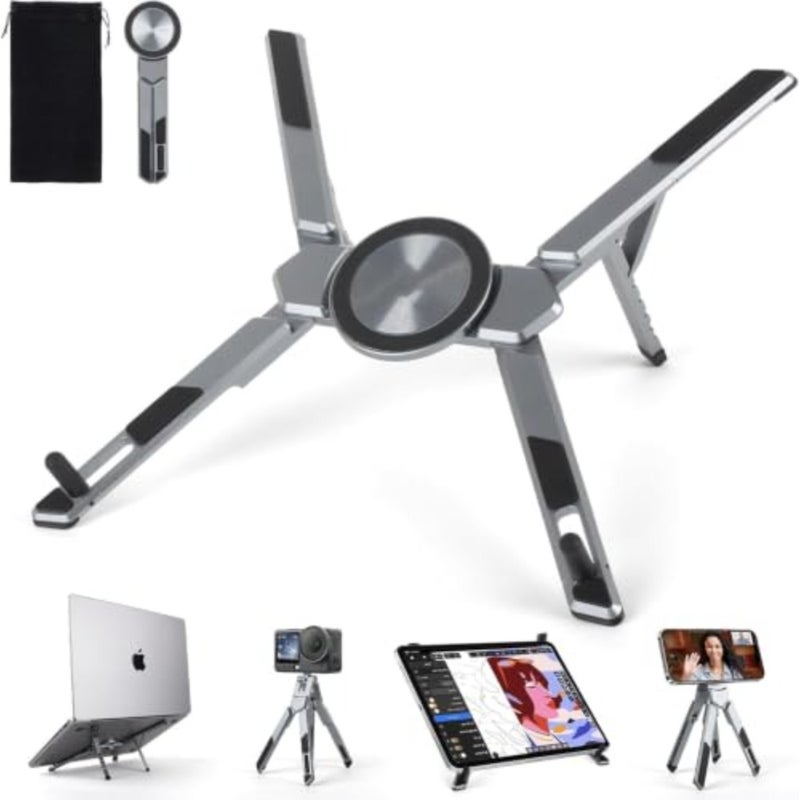 4-in-1 Adjustable Laptop Stand for desk with Magnetic Phone Holder and Camera Tripod, Foldable Aluminum Stand for Laptop, Tablet, Camera, Portable Ergonomic Desk Setup for Travel and Remote Work - Image 1