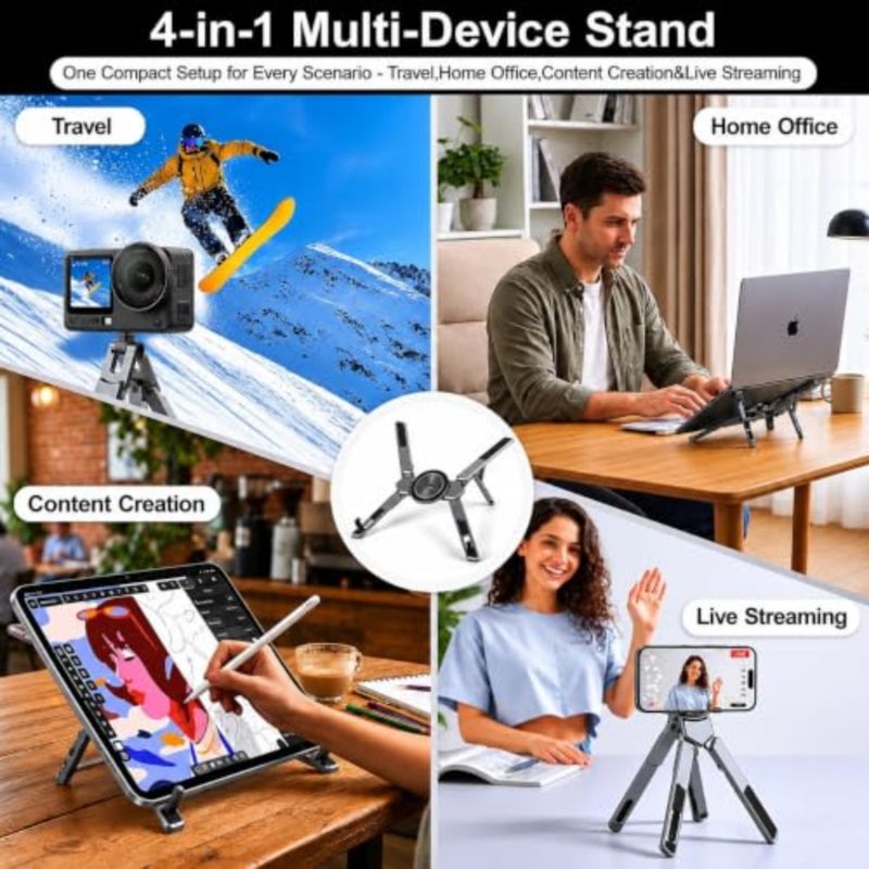 4-in-1 Adjustable Laptop Stand for desk with Magnetic Phone Holder and Camera Tripod, Foldable Aluminum Stand for Laptop, Tablet, Camera, Portable Ergonomic Desk Setup for Travel and Remote Work - Image 2