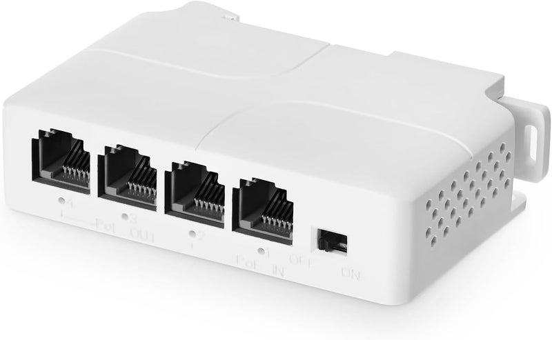 COOLCOLD 4 Port PoE Extender With 1 In 3 Out, Repeater Support IEEE802.3af/at, 100Mbps Ethernet Powered Passthrough Switch, Extend 100m(328ft), Wall and Din-Rail Mount (White) - Image 1