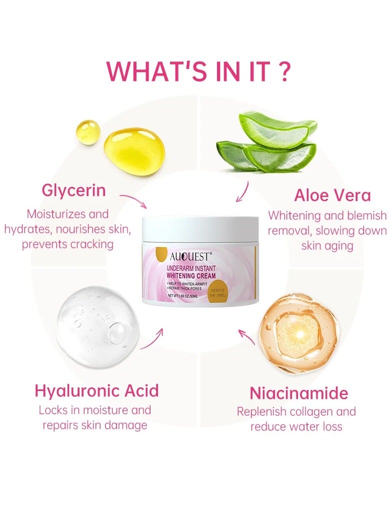 AuQuest 50ML Underarm Instant Whitening Cream Whitening Cream for Women for Dark Armpit Body Face Lightening Cream Intimate Skin Cream for Knees Armpit Elbows Private Areas - Image 4