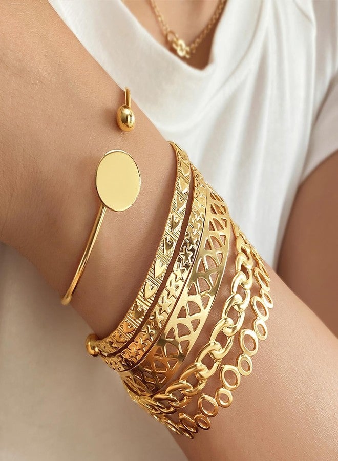 IFKM Gold Bangle Bracelets For Women Girls, 14k Gold Plated Multi Layer Stackable Cuff Bracelet Set, Elegance Charms Non Tarnish Minimalist Textured Boho Jewelry for Women - Image 2