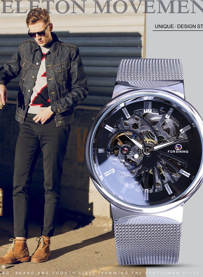 FORSINING Men's Mechanical Watch - Silver-Tone Mesh Strap with Black Dial, Minimalist Design, 30m Water Resistant, Hand-Winding Movement, Business Casual Style - Image 2