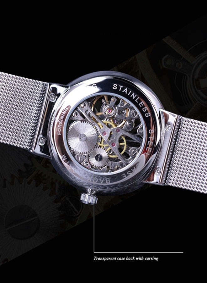 FORSINING Men's Mechanical Watch - Silver-Tone Mesh Strap with Black Dial, Minimalist Design, 30m Water Resistant, Hand-Winding Movement, Business Casual Style - Image 4
