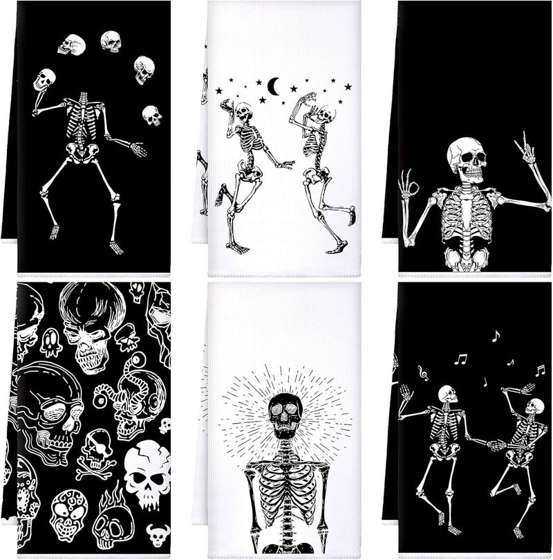 Bencailor 6 Pcs Skull Kitchen Towels Teal Turquoise Dish Hand Towels Farmhouse Cow Cat Gothic Witchy Moon Tea Washcloth for Spring Summer Kitchen Decor Home 24 x 16Black WhiteSkull - Image 1