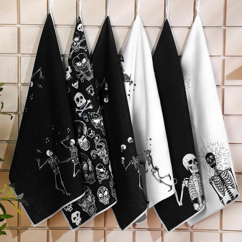 Bencailor 6 Pcs Skull Kitchen Towels Teal Turquoise Dish Hand Towels Farmhouse Cow Cat Gothic Witchy Moon Tea Washcloth for Spring Summer Kitchen Decor Home 24 x 16Black WhiteSkull - Image 4